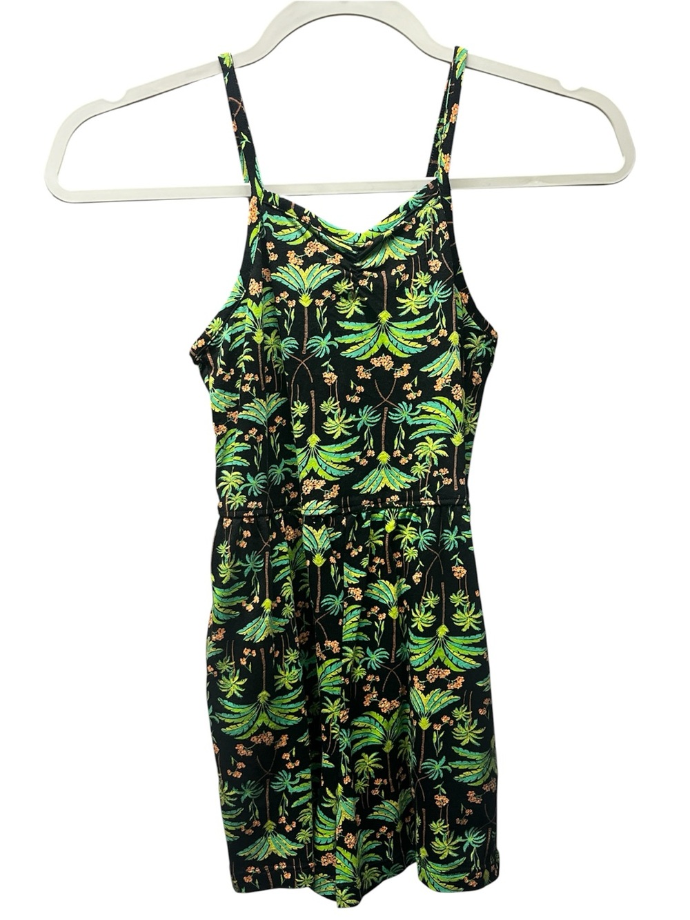 Old Navy Girls Tropical Palm Print Romper Black Green Size 8 pockets